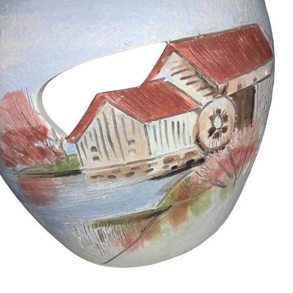 Clay Vase/ Planter with Country Barn Farm Scene - Picture 3 of 8